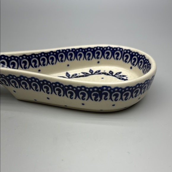 Artisanal Polish Pottery Blue and White Ceramic Spoon Rest Kitchen Tool - Picture 6 of 12
